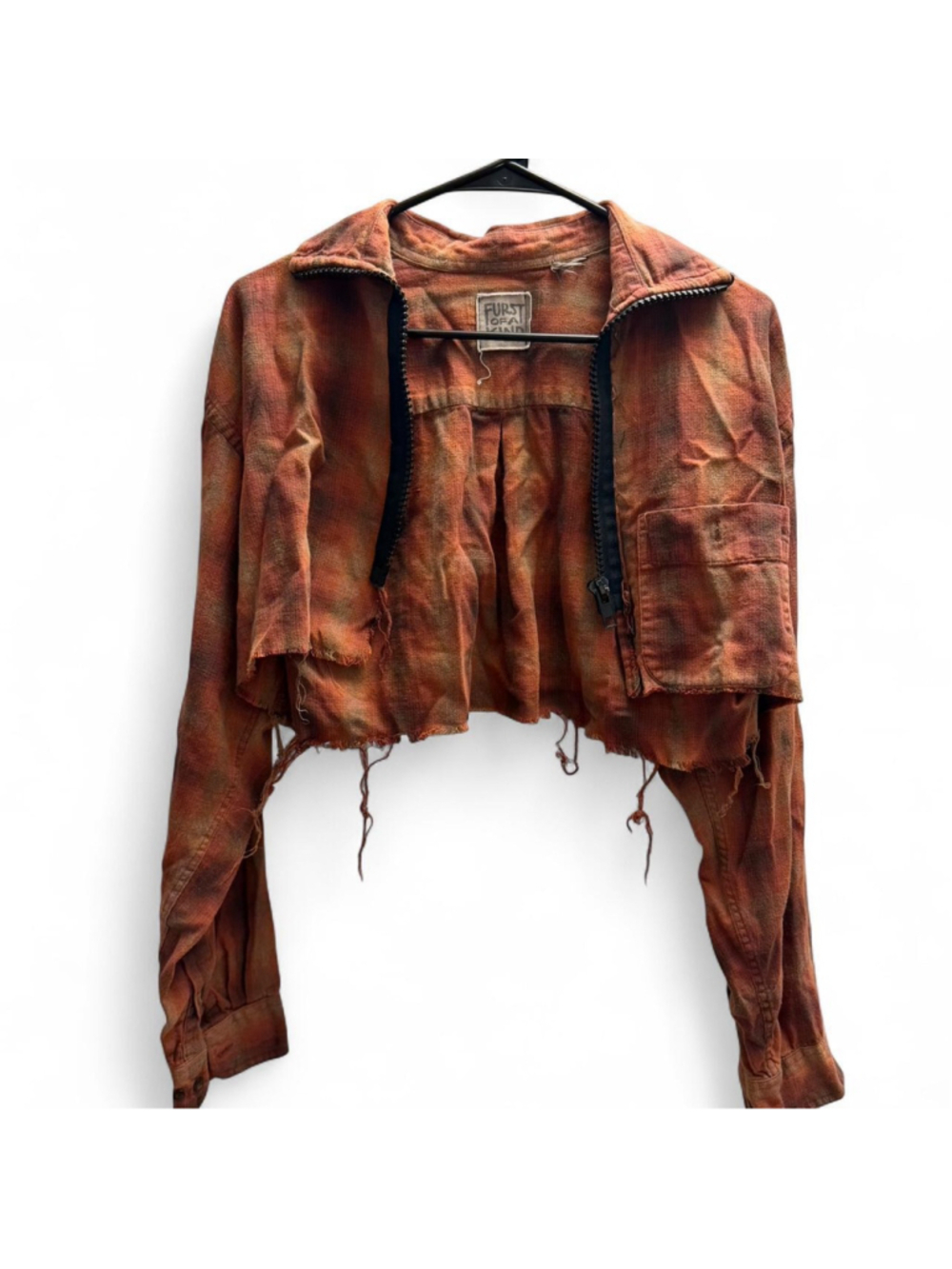 2010s LF Furst of a Kind orange tie-dye distressed cropped jacket with black zip